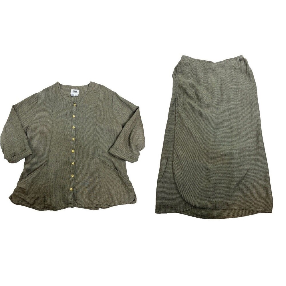 FLAX By Jeanne Engelhart Linen Tunic and Skirt Set Khaki Size 18-20 G1
